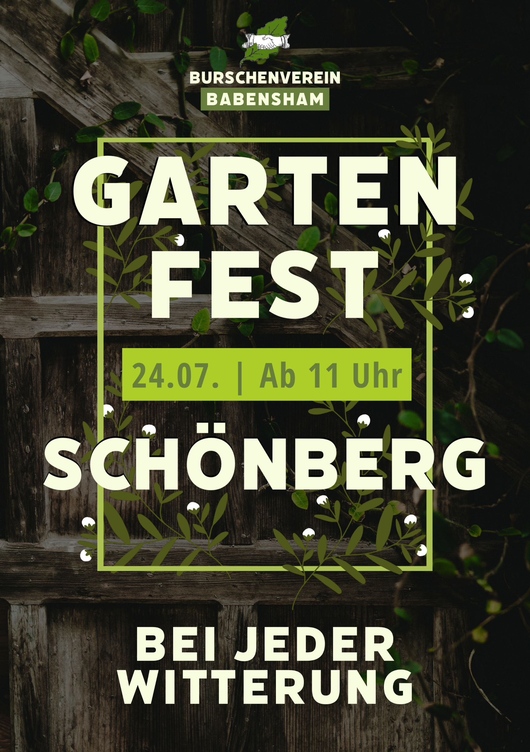 Flyer des Gartenfestes in Schönberg. Es findet bei jeder Witterung am 24.07. ab 11 Uhr statt